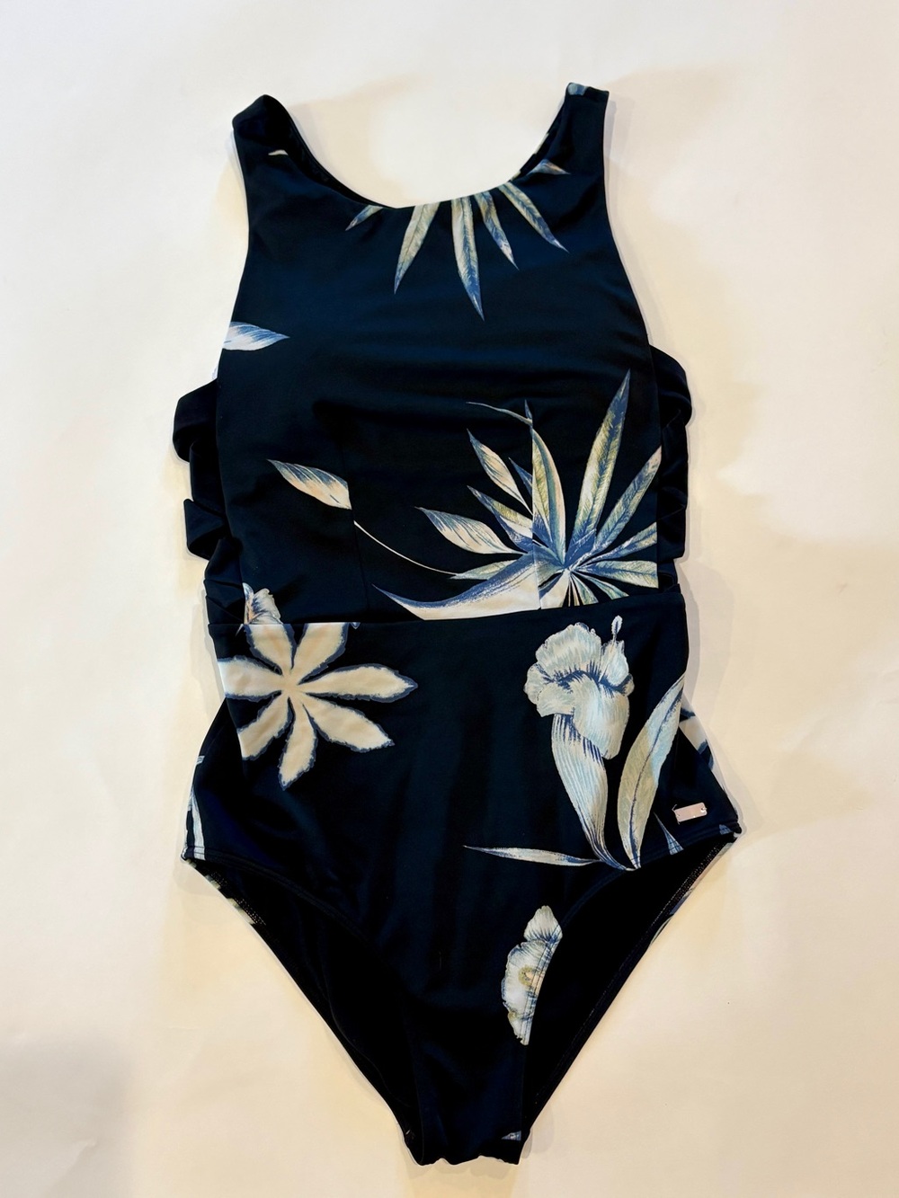 Navy Floral One-Piece Swimsuit w Side Cuts